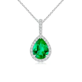 1 CT. Pear Shaped Emerald Pendant with Pavé Diamond Halo