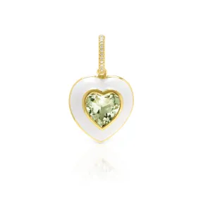 14KT Yellow Gold Green Amethyst White Enamel Heart Charm with Diamond Clip on Bail