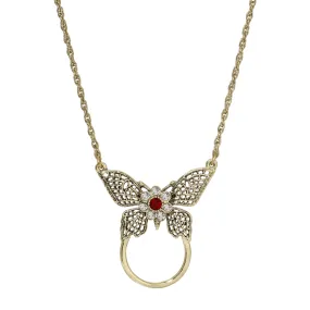 1928 Jewelry Butterfly Red And Crystal Badge & Eyeglass Holder Chain Necklace 28