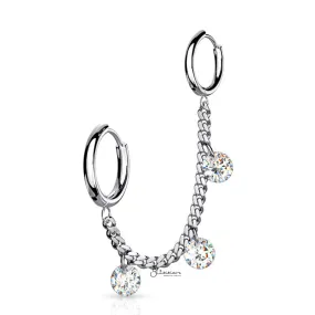 3 CZ Dangle 316L Surgical Steel Chain Linked Ear Huggie Hoops - Silver