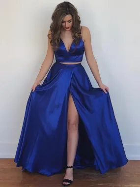 A Line V Neck Two Pieces Backless Royal Blue Prom Dresses with High Slit, 2 Pieces Royal Blue Backless Formal Evening Dresses