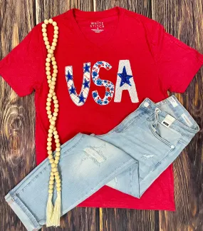 {ALL ABOUT AMERICA} Patriotic Mix Up Appliqued Red V-Neck Tee