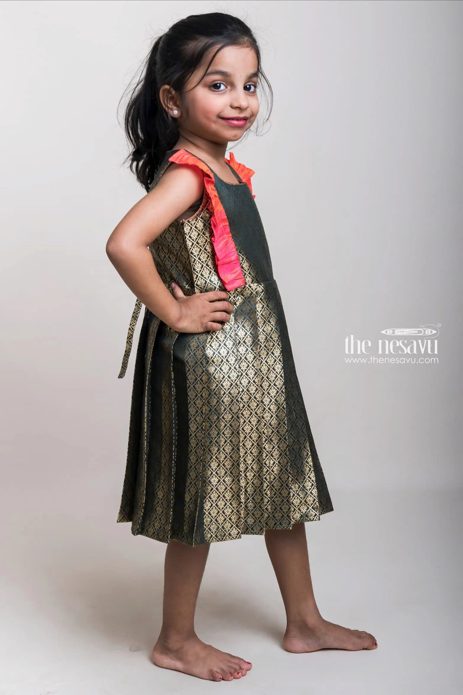 Ash Semi-Banaras Pleated Silk Frocks With Pink Ruffles For Little Girls