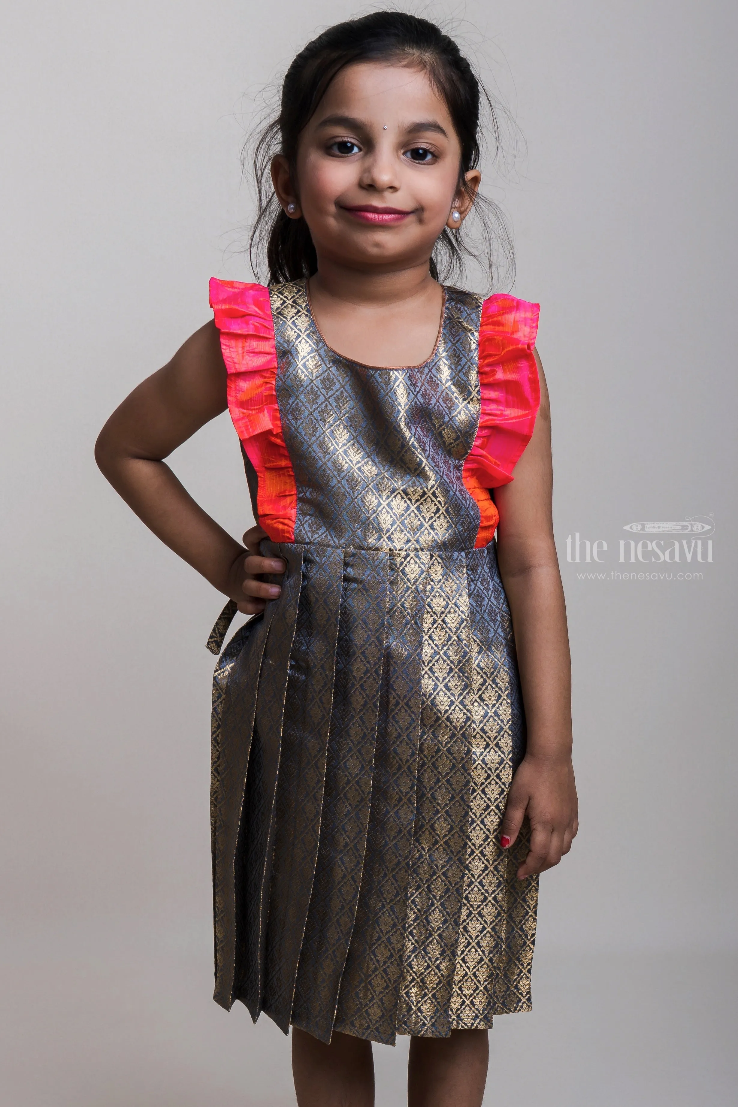 Ash Semi-Banaras Pleated Silk Frocks With Pink Ruffles For Little Girls