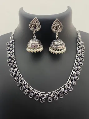 Beautiful German Silver Plated Oxidized Necklace Set With Pearls For Women