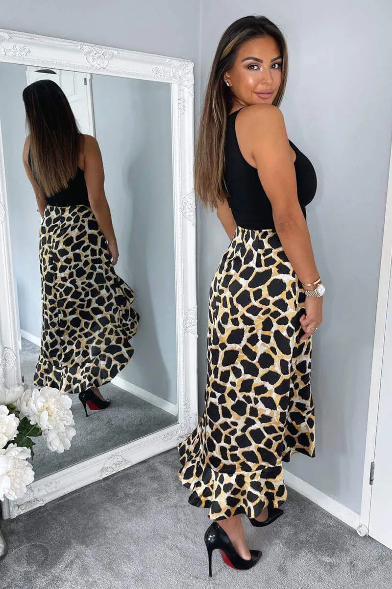 Black Animal Print 2 in 1 Dipped Hem Midi Dress