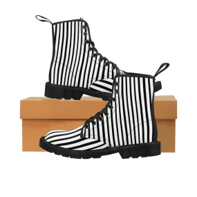 Black Striped Print Men's Boots, Black White Stripes Best Hiking Winter Boots Laced Up Shoes For Men