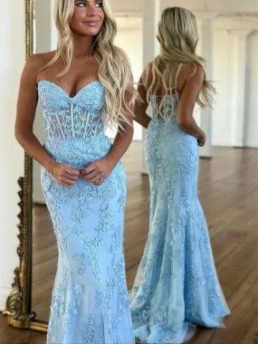 Blue Strapless Tulle Long Prom Dress with Lace, Mermaid Evening Dress