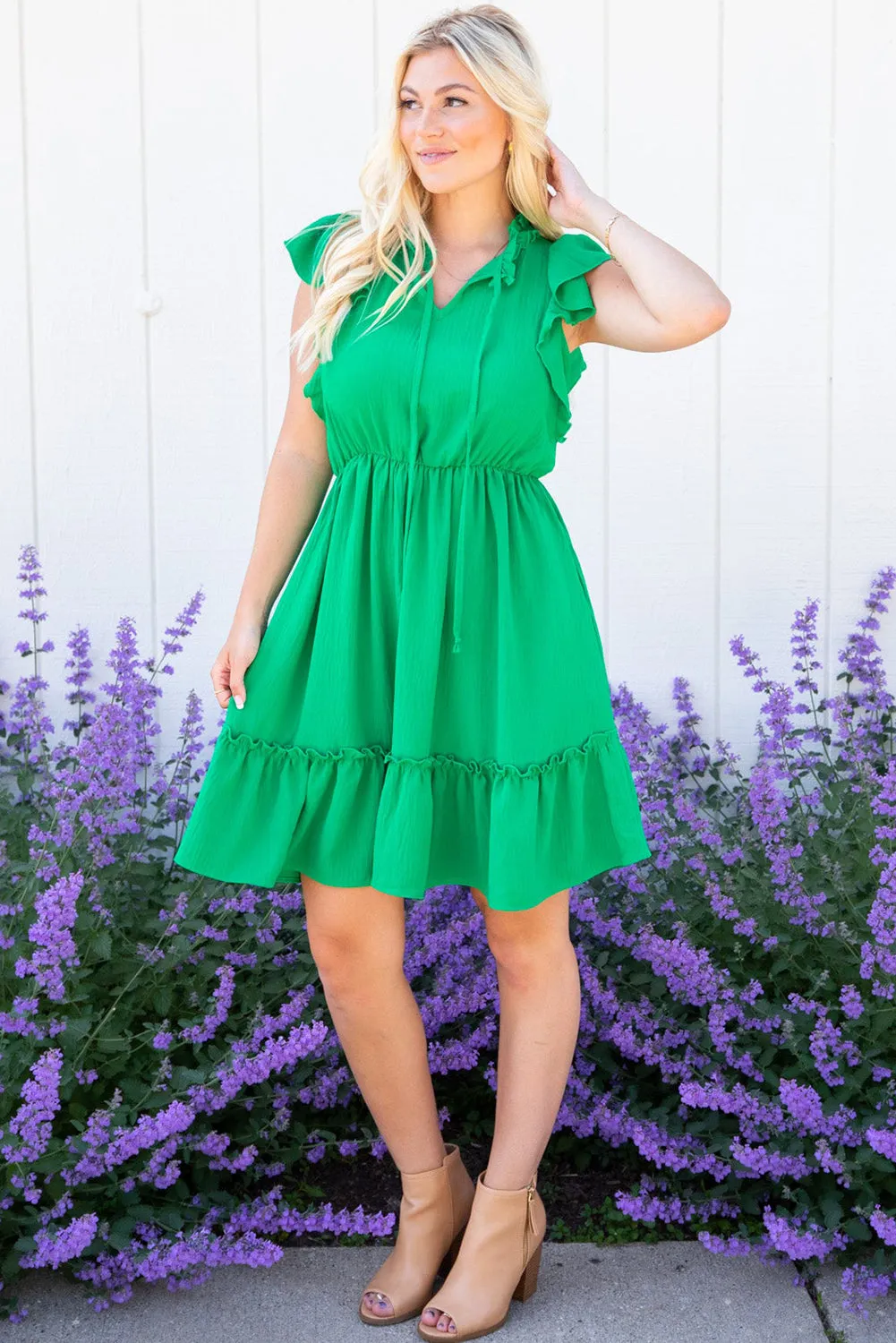 Bright Green Split V Neck Elastic Waist Ruffled Dress