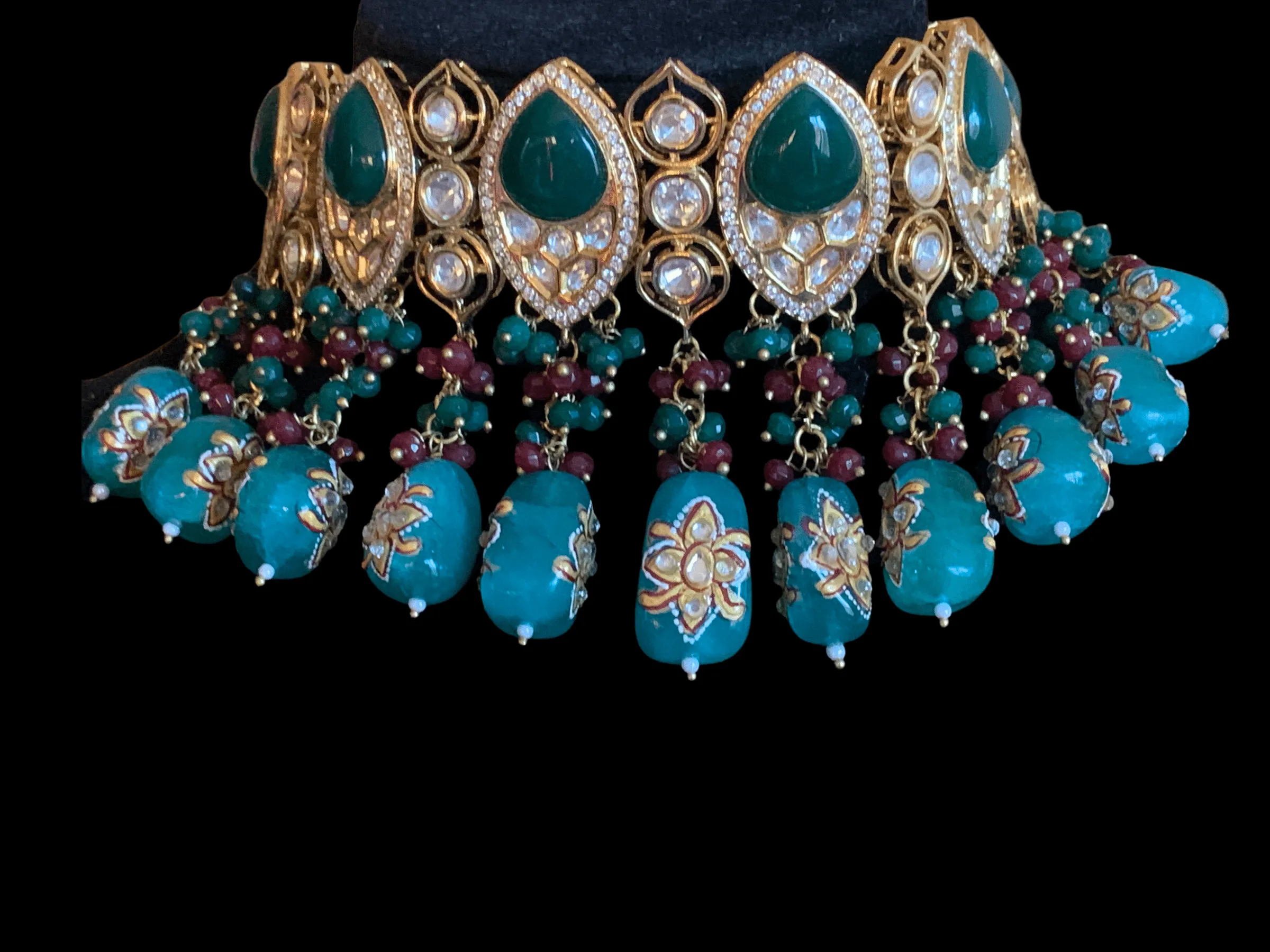 C132 Nidhi polki choker set with green meenakari beads  (READY TO SHIP)