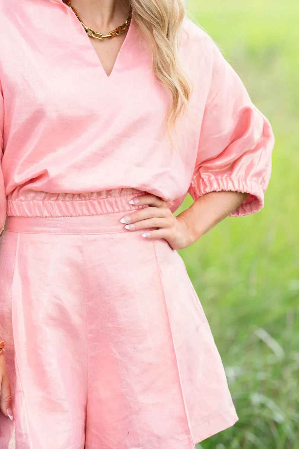 Conch Pink Short Sleeve Crop Blouse