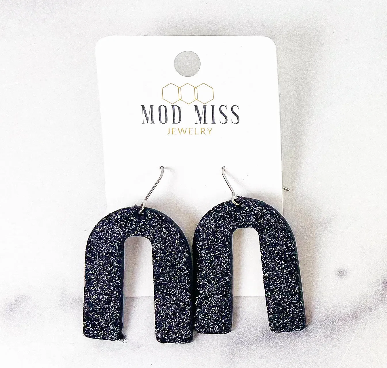 Cork Leather Arch Earring Fine Glitter Black