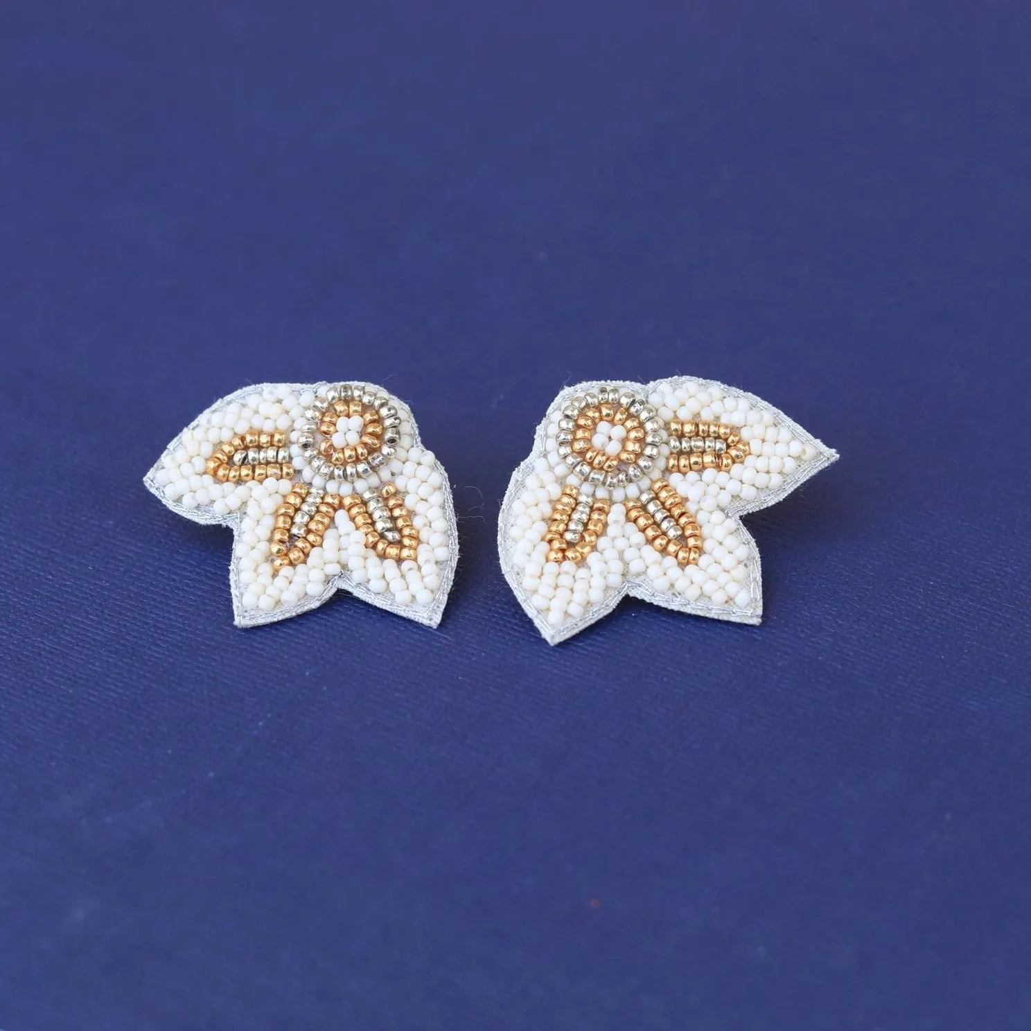 Cream   Gold Beaded Flower Wing Earrings