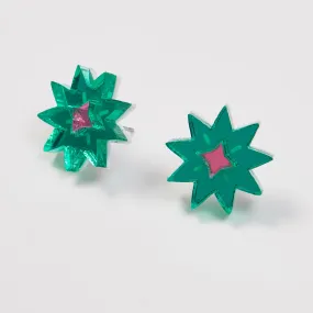 Crystal Star Studs - Kelly Green / Pink