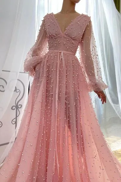 Cute Pink A-line V-neck Long Sleeves Maxi Long Party Prom Dresses,13276