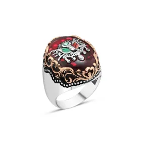 Enameled Ottoman State Coat of Arms on Red Ellipse Synthetic Silver Men's Ring with Wavy Top Pattern Around