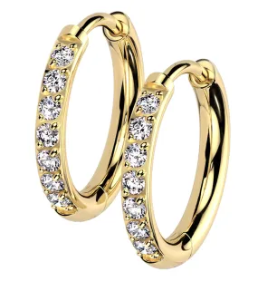 Gold PVD Titanium Clear CZ Hinged Hoop Huggie Earrings