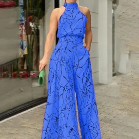 Halterneck printed jumpsuit in blue