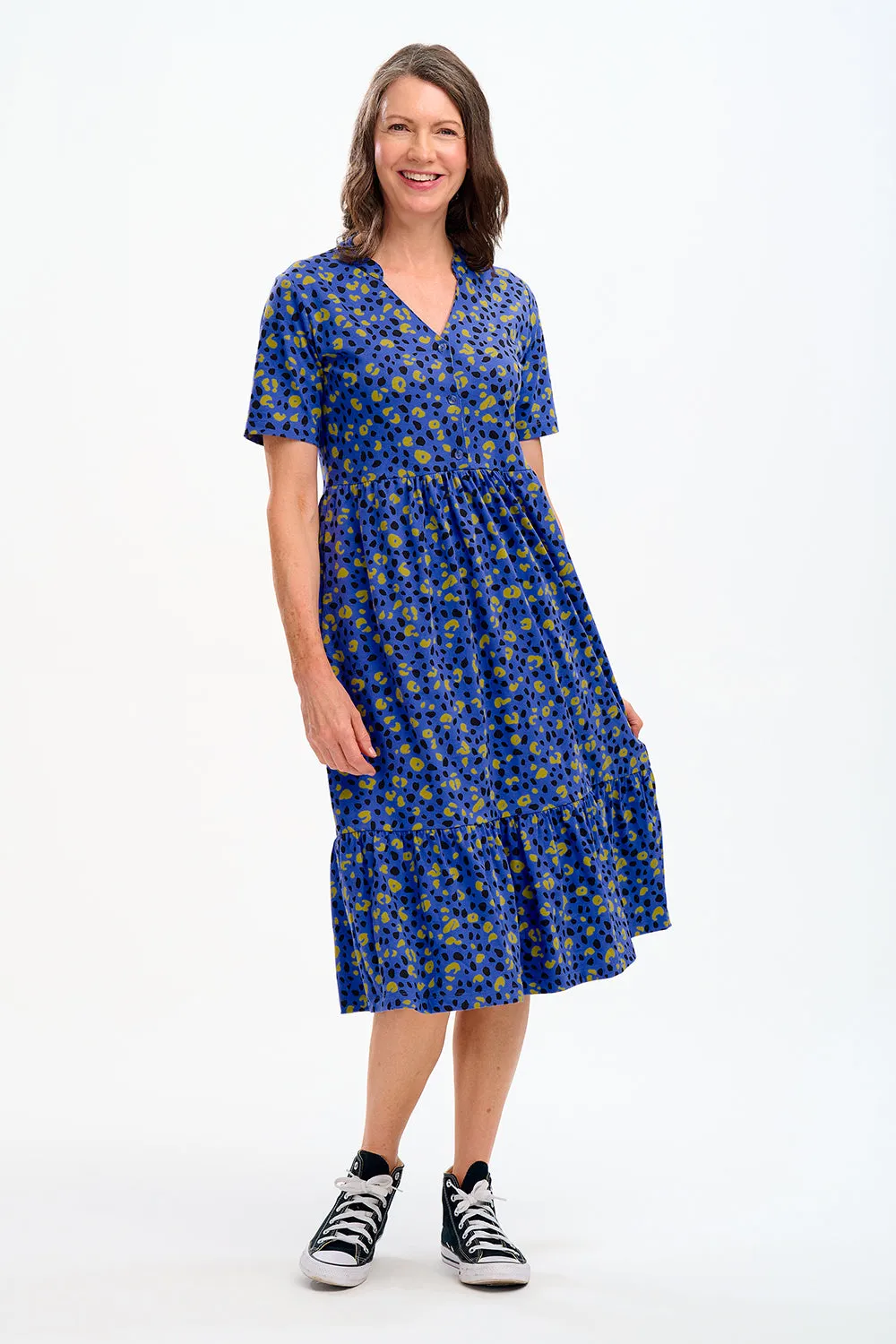 Heather Jersey Midi Smock Dress - Blue, Painted Leopard