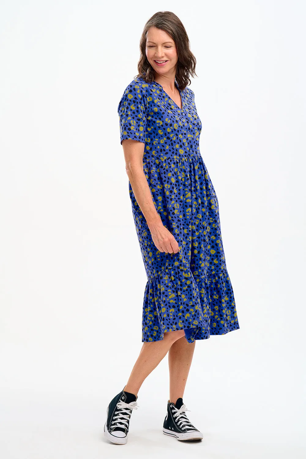 Heather Jersey Midi Smock Dress - Blue, Painted Leopard