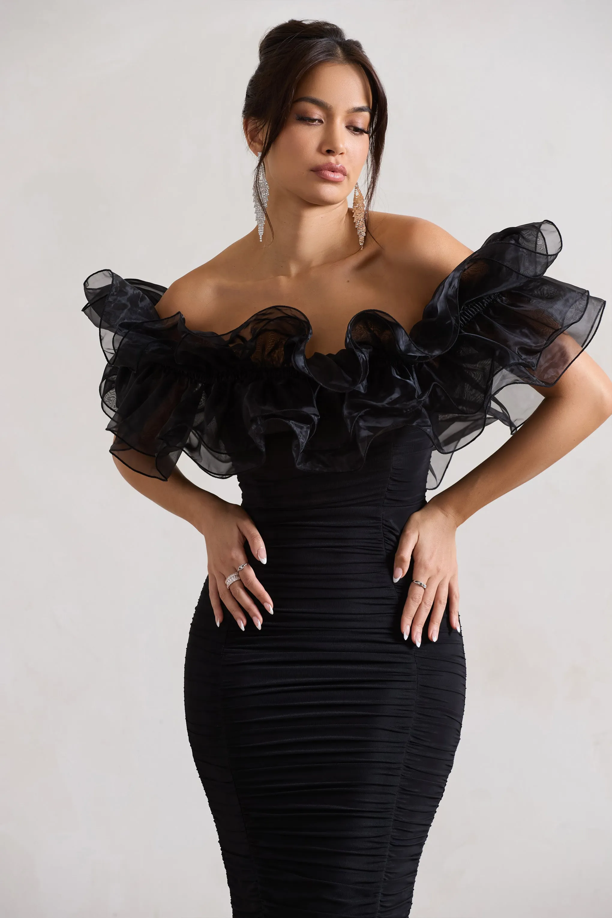 Ladylike | Black Ruched Bardot Midi Dress With Organza Trim