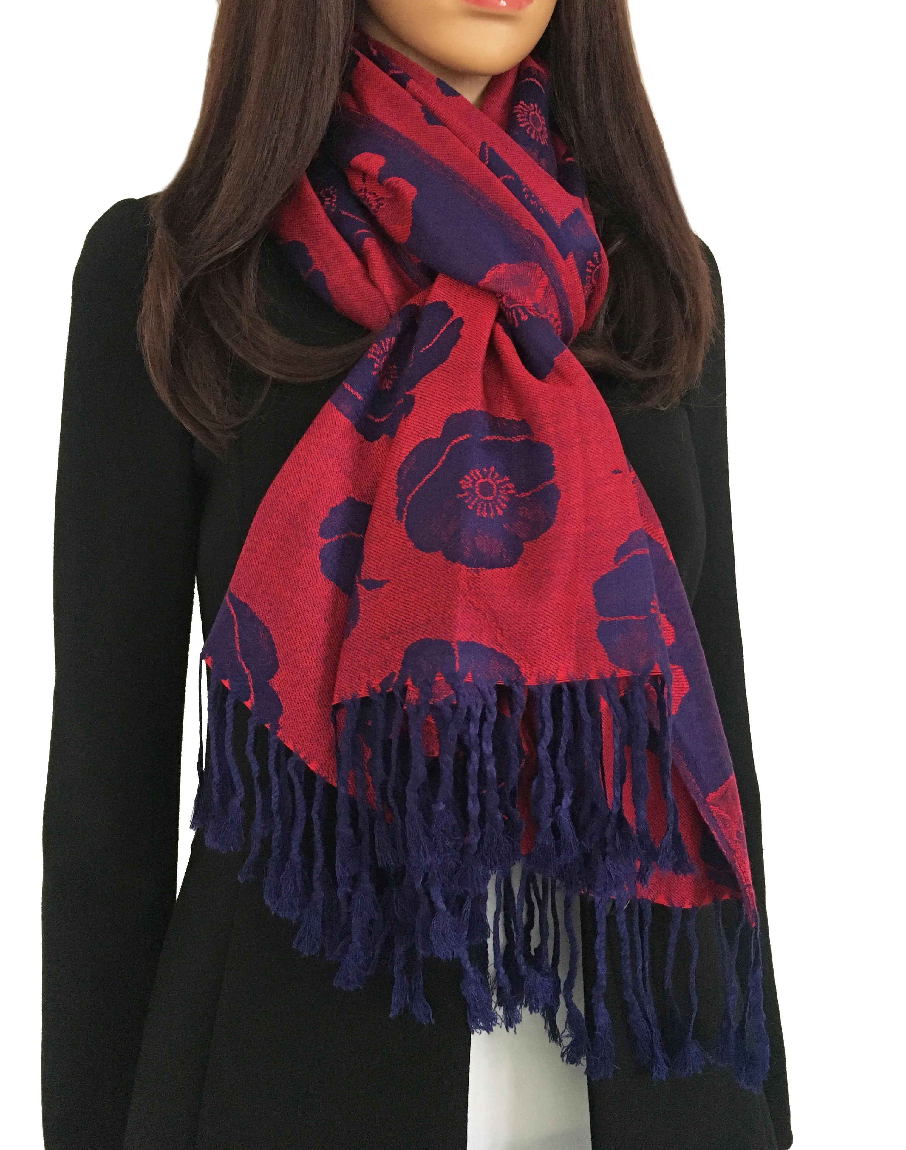 LARGE REVERSIBLE NAVY BLUE AND RED POPPY PASHMINA SHAWL SCARF