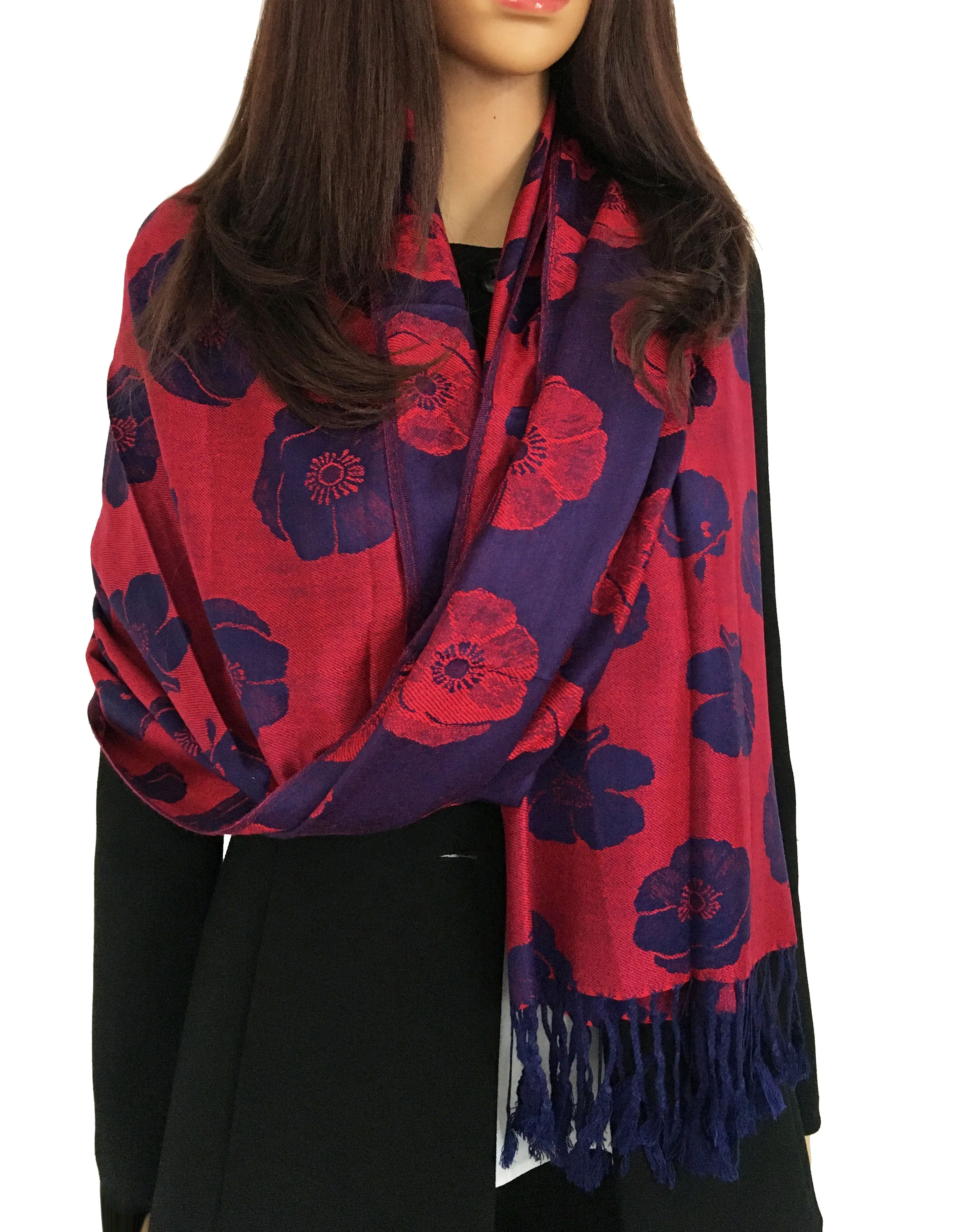 LARGE REVERSIBLE NAVY BLUE AND RED POPPY PASHMINA SHAWL SCARF