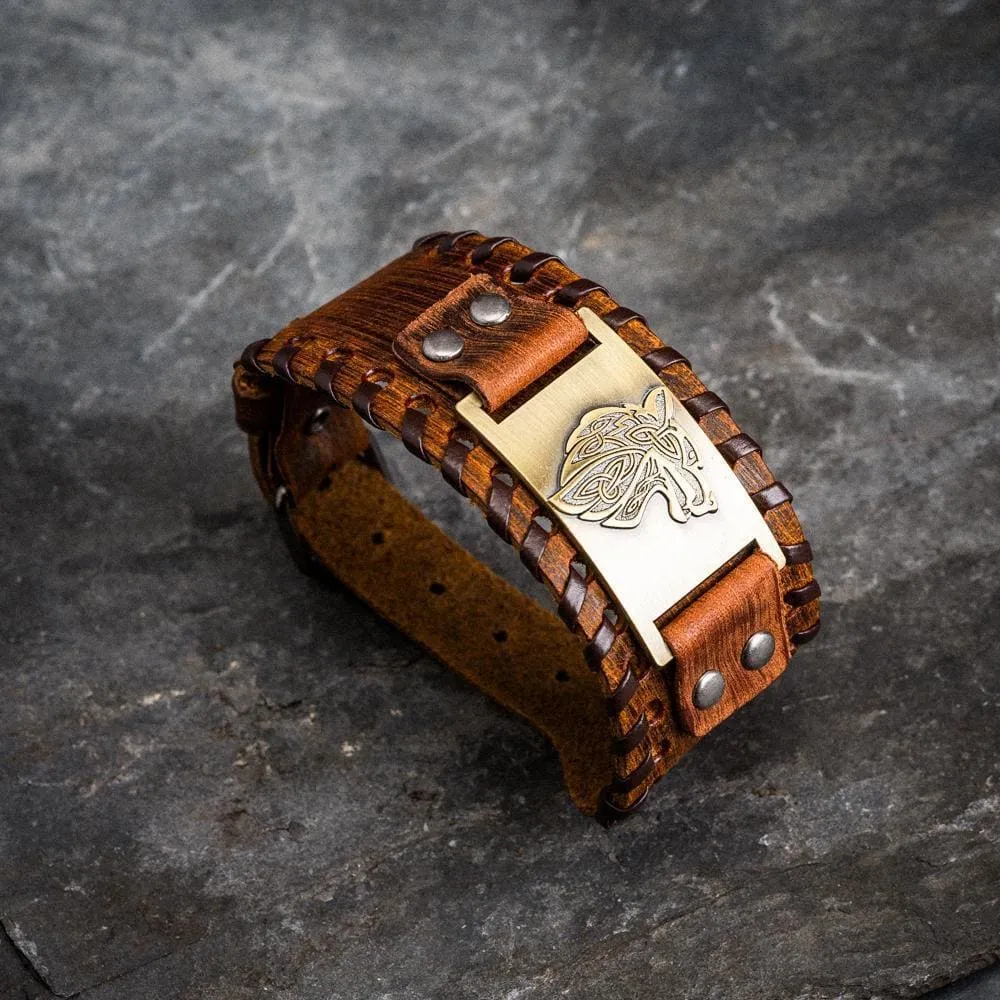 Leather Buckle Arm Cuff With Fenrir Design