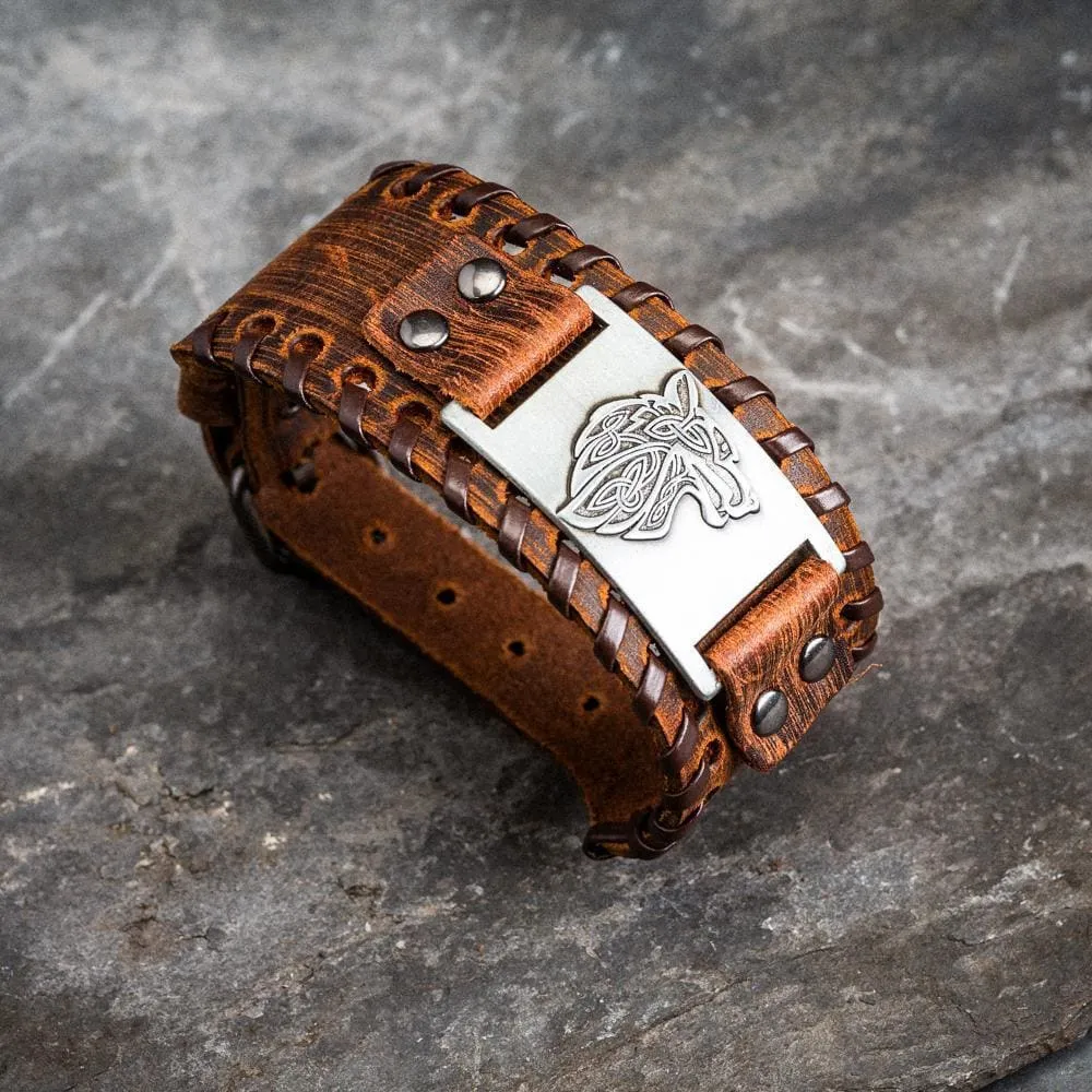 Leather Buckle Arm Cuff With Fenrir Design