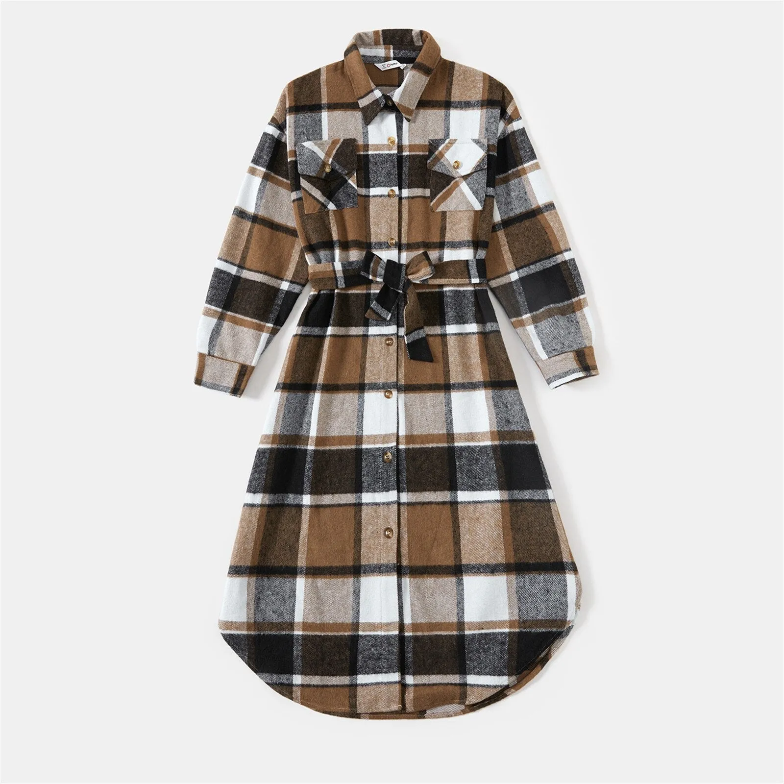 Long-Sleeve Coffee Plaid Shirts & Dresses Set - Matching Family Outfits