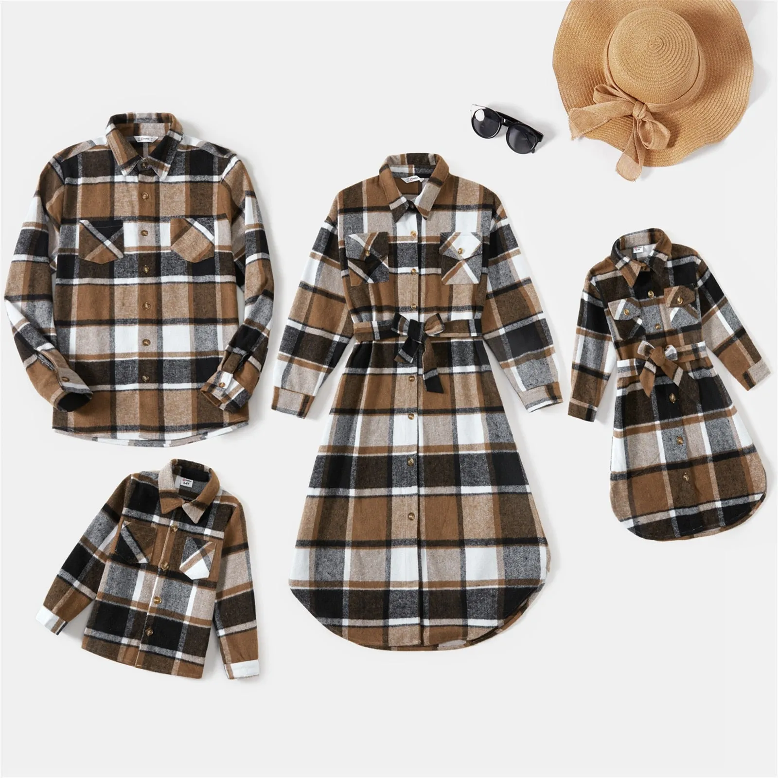 Long-Sleeve Coffee Plaid Shirts & Dresses Set - Matching Family Outfits