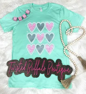 {LOVE ON THE BRAIN} Stacked Hearts Mint Green Crew Neck Tee