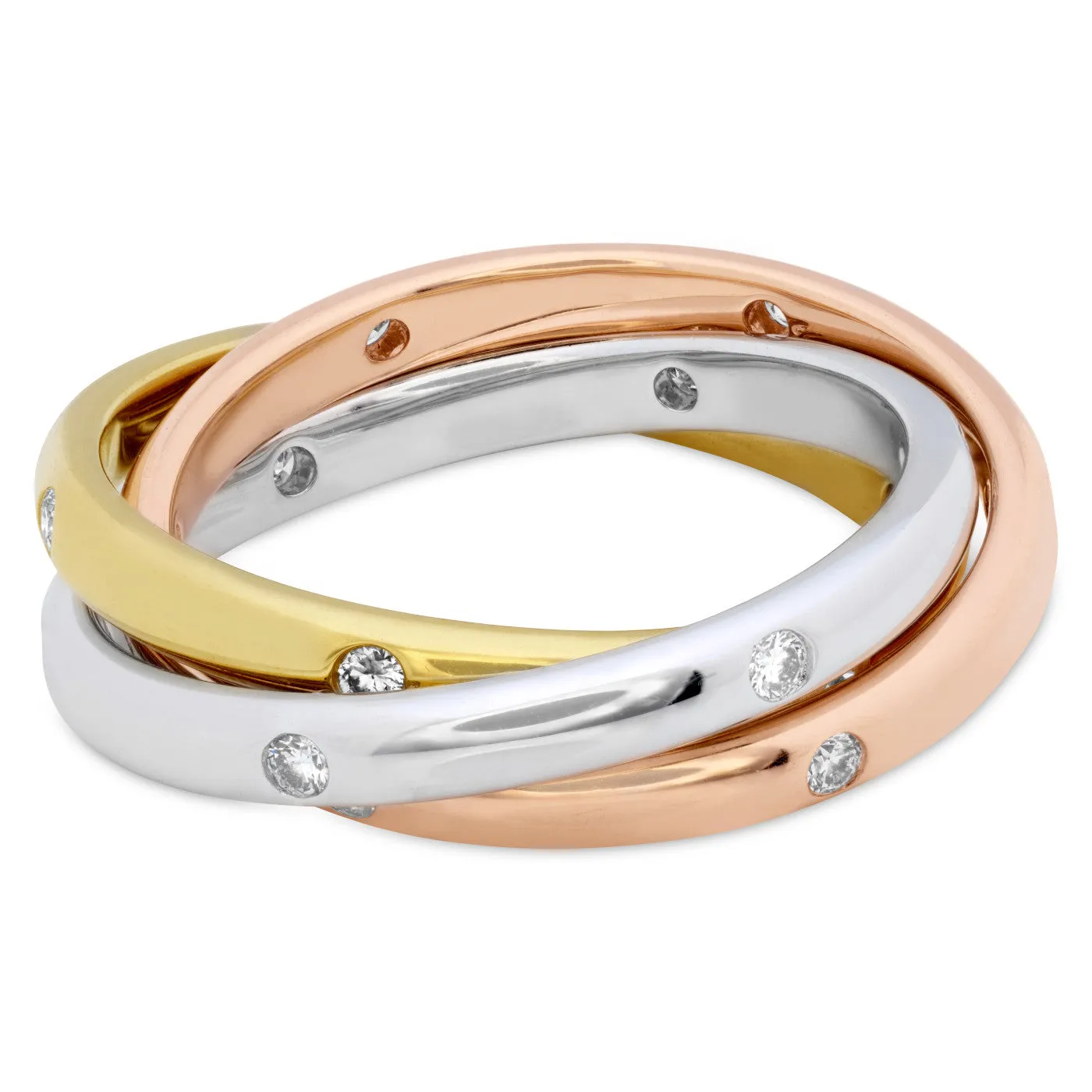 Memoire 18k Gold Tricolor Three-Row Burnished set Diamond Rolling Ring