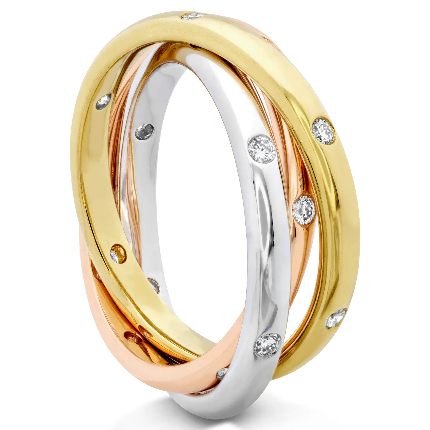 Memoire 18k Gold Tricolor Three-Row Burnished set Diamond Rolling Ring