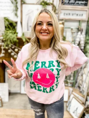 {MERRY SMILEY} Bubblegum Pink Crew Neck Sweatshirt