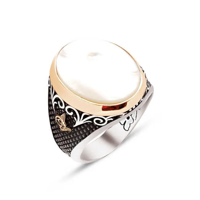 Mother of Pearl Stone Ellipse Silver Men’s Ring Siding Bush Pattern and Dimond Pattern and Ottoman Tughra