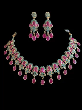 NS247 , real ruby emerald gold plated necklace set ( READY TO SHIP)