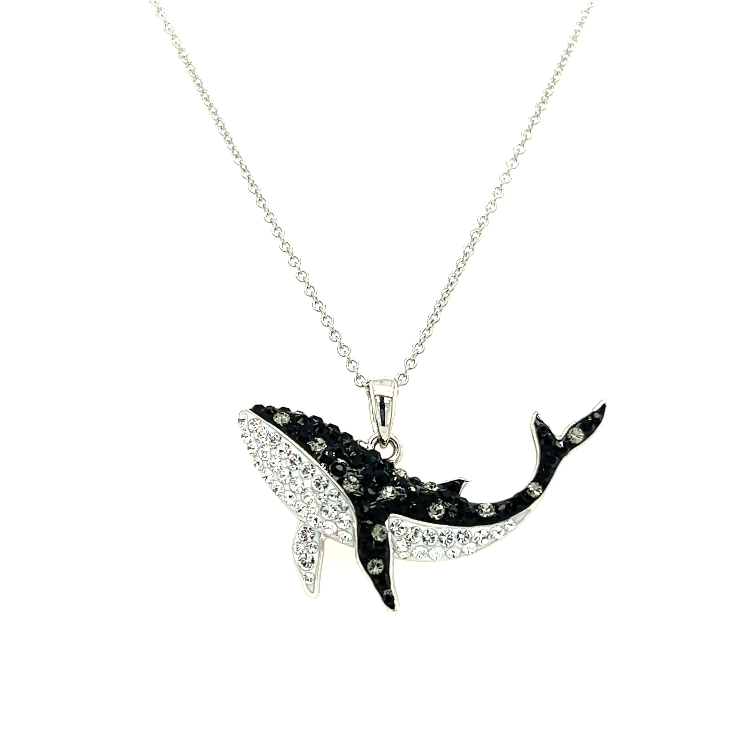 Orca Whale Necklace with Black and White Crystals in Sterling Silver