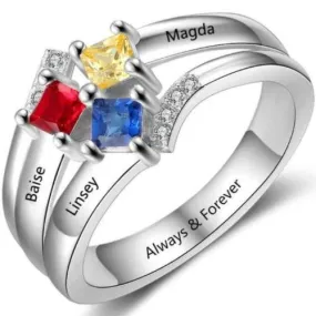 Personalized Mother's Ring 3 Square Birthstones 3 Engraved Names