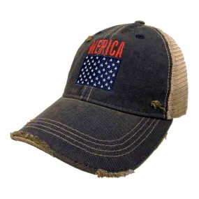 "MERICA" Retro Brand Navy Distressed Mesh Adj. Snapback Hat Cap