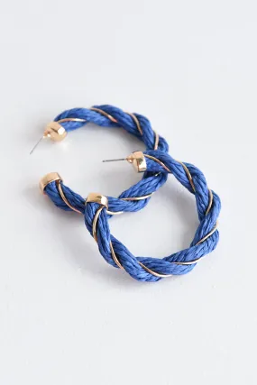 RAFFIA AND WIRE TWISTED HOOP EARRINGS -BLUE