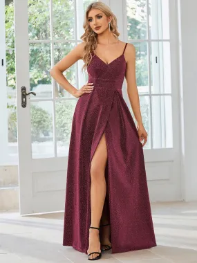 Spaghetti Strap Front Slit Shiny Evening Dress