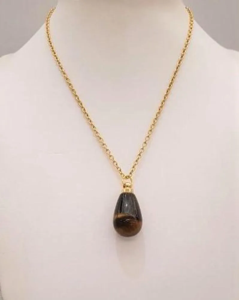 Tiger's Eye Teardrop Essential Oil Bottle Pendant Gold