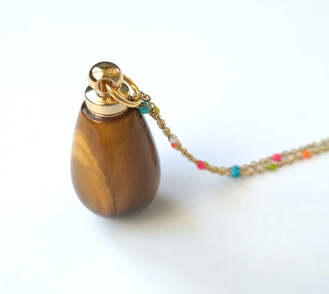 Tiger's Eye Teardrop Essential Oil Bottle Pendant Gold