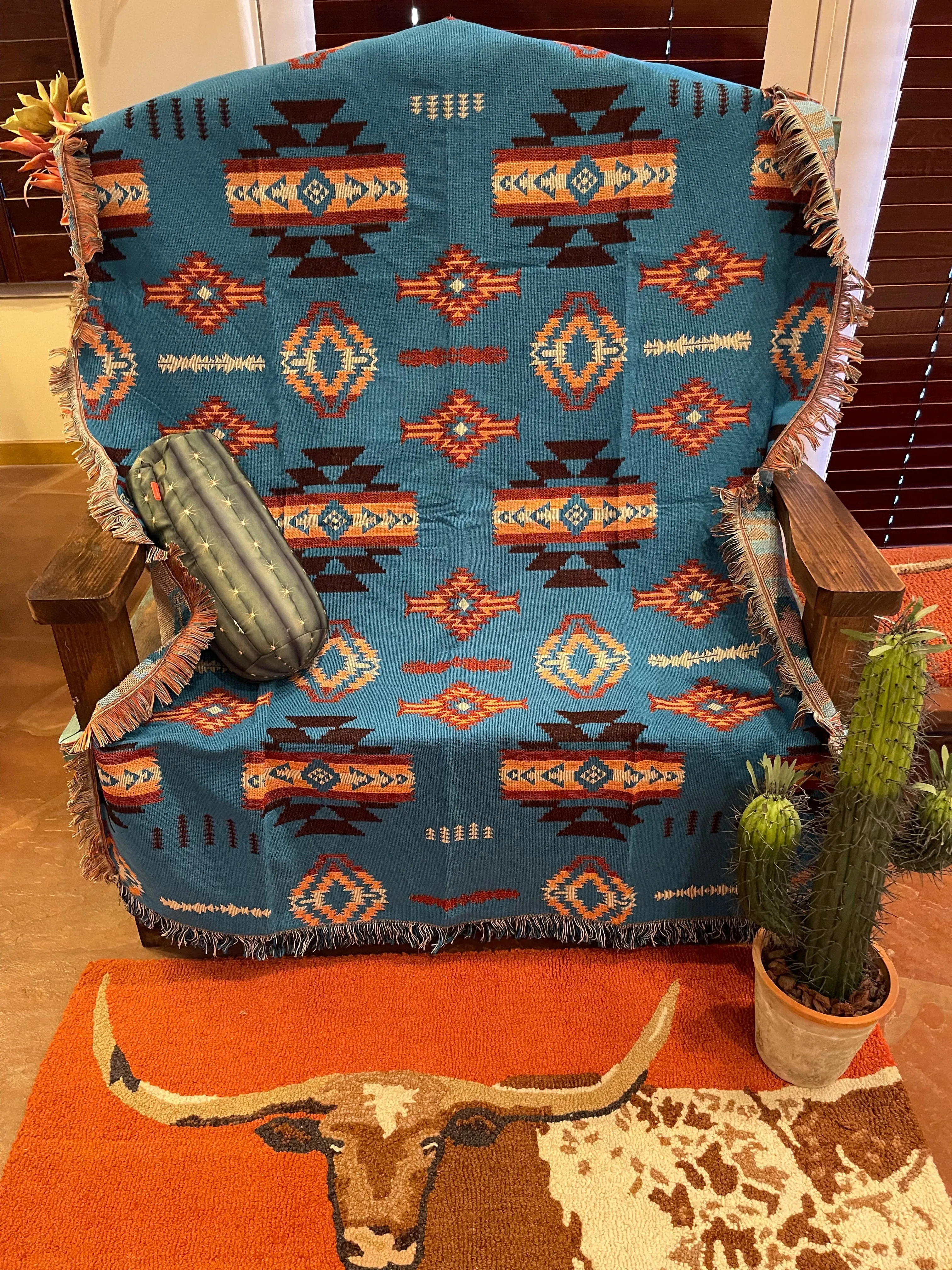 Turquoise WESTERN Aztec Woven TAPESTRY blanket